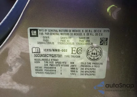 2015 Chevrolet Silverado 1500 1Lz/2Lz из США, поврежденный, VIN 3GCUKSEC7FG257381